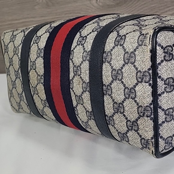 AUTHENTIC GUCCI VINTAGE WEB SHERRY LINE BOSTON BAG…MONOGRAM CANVAS NAVY LEATHER - Picture 6 of 11